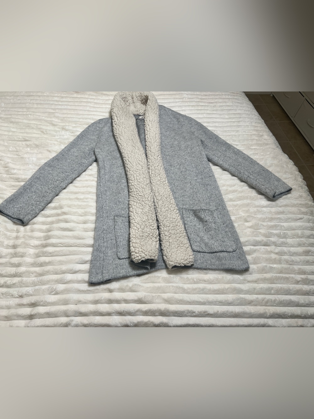 Style & Co. Cozy Light Gray Sherpa-Trim Open Front Sweater